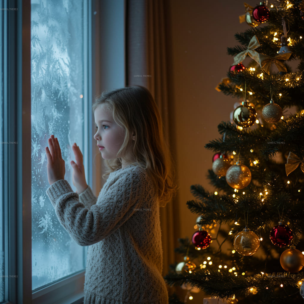 Child Watching Snowfall by Window Beside Christmas Tree at Home