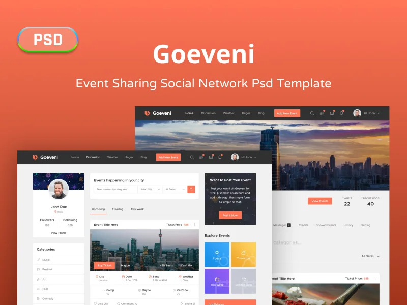 Goeveni - Event Sharing Social Network Psd Template - PSD Template | Gambolthemes