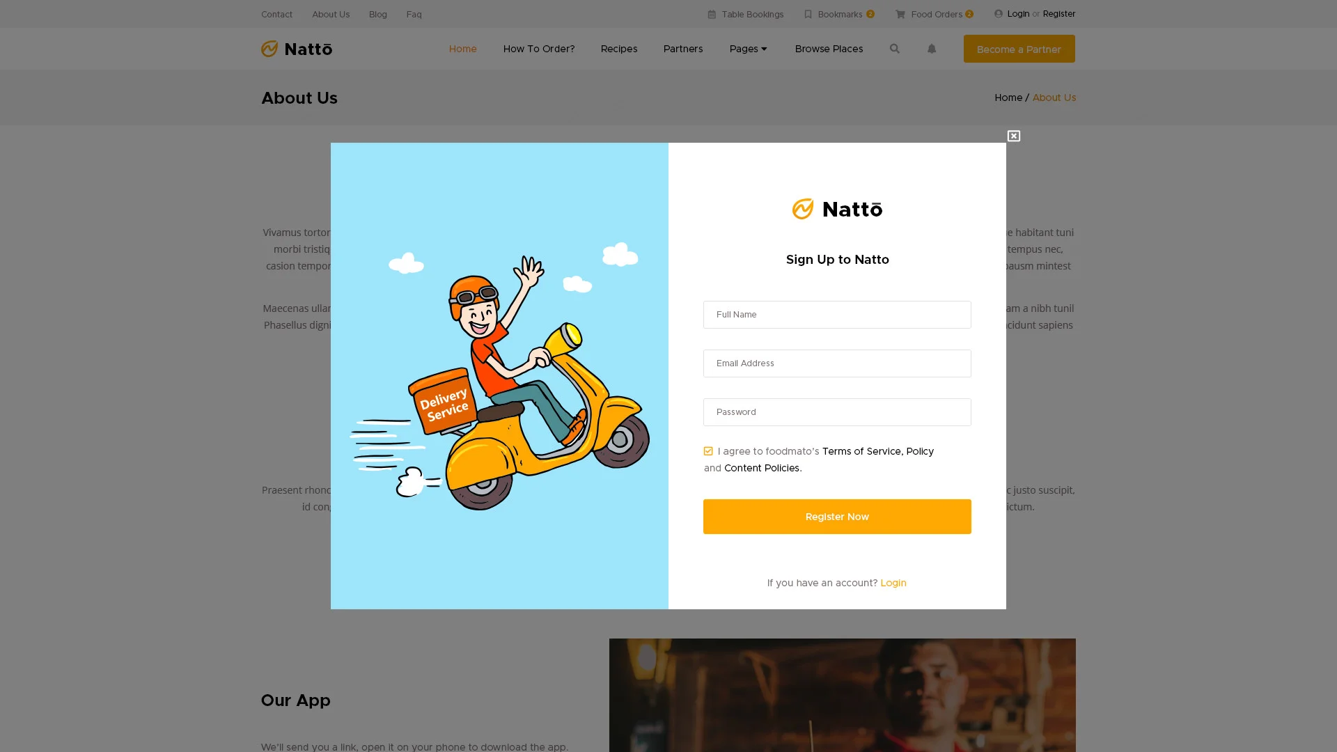 Natto - Online Food Ordering Social Networking Psd Template