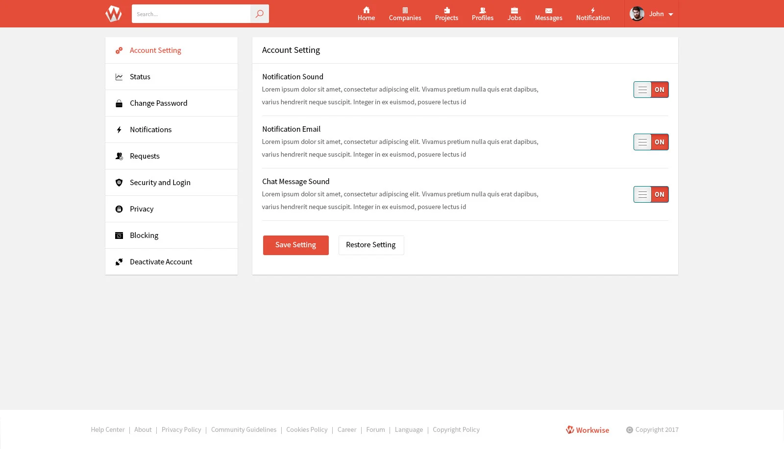 Workwise - The Freelancer And Social Networking PSD Template